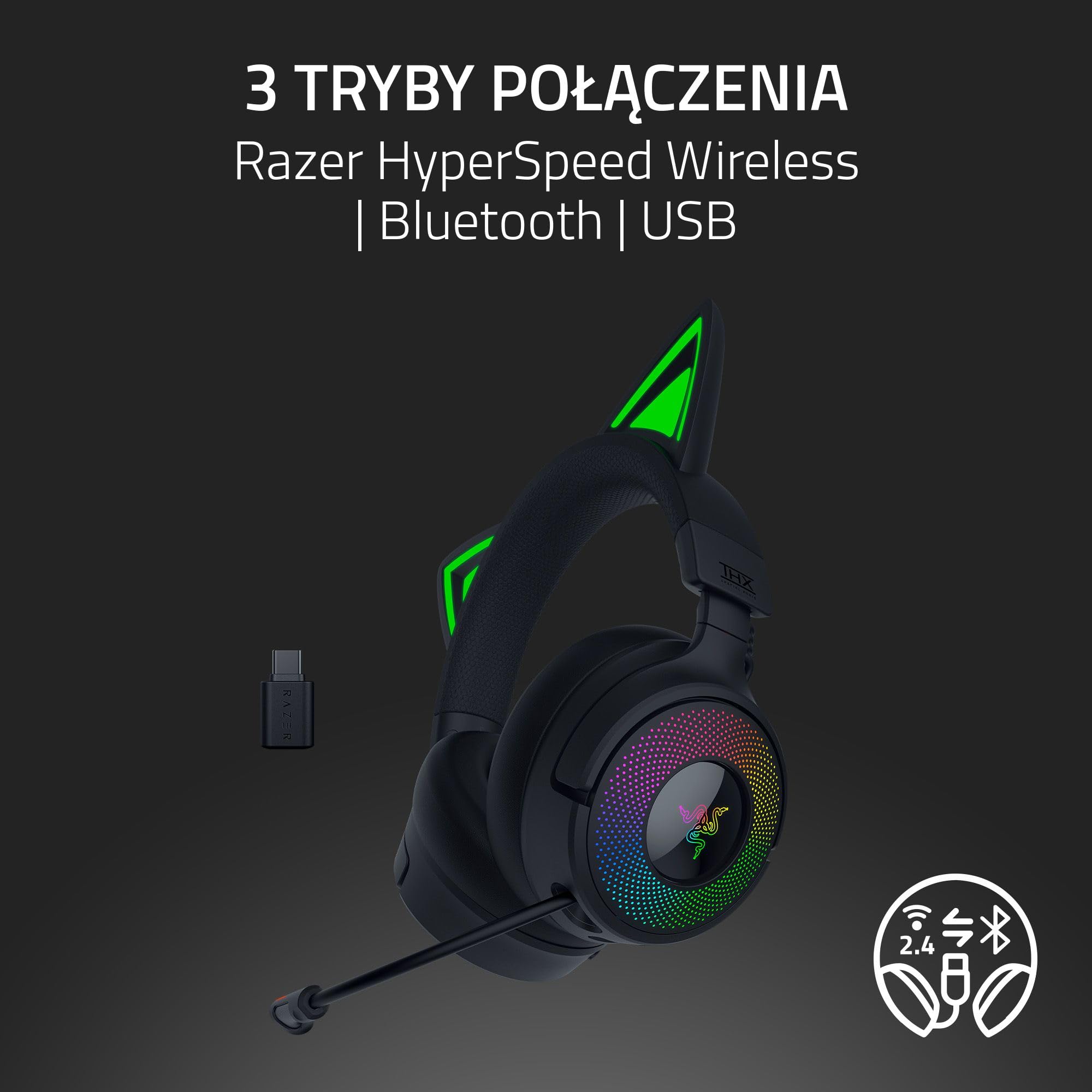 Razer Kraken Kitty V3 Pro – bezprzewodowy zestaw słuchawkowy RGB Kitty do gier – reaktywne uszy kota do streamowania – Triforce 40 mm Przetwornik – Hyperspeed Wireless i Bluetooth | Czarny