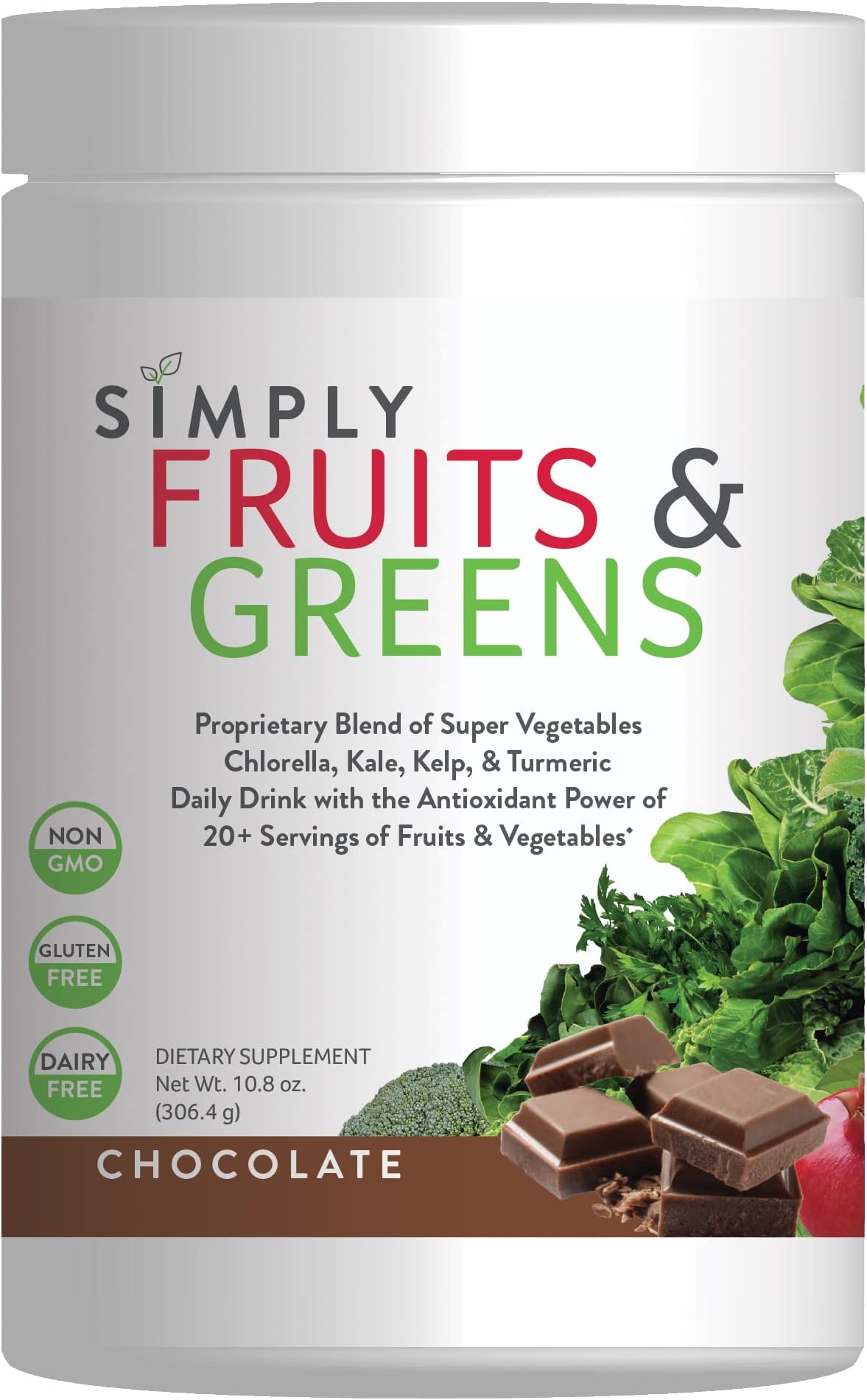Simply Nutrients Fruits & Greens Powder - Amazing Super Greens Powder for Water, Smoothies, Juices, Shakes & More - Superfood Smoothie Powder (Chocolate)