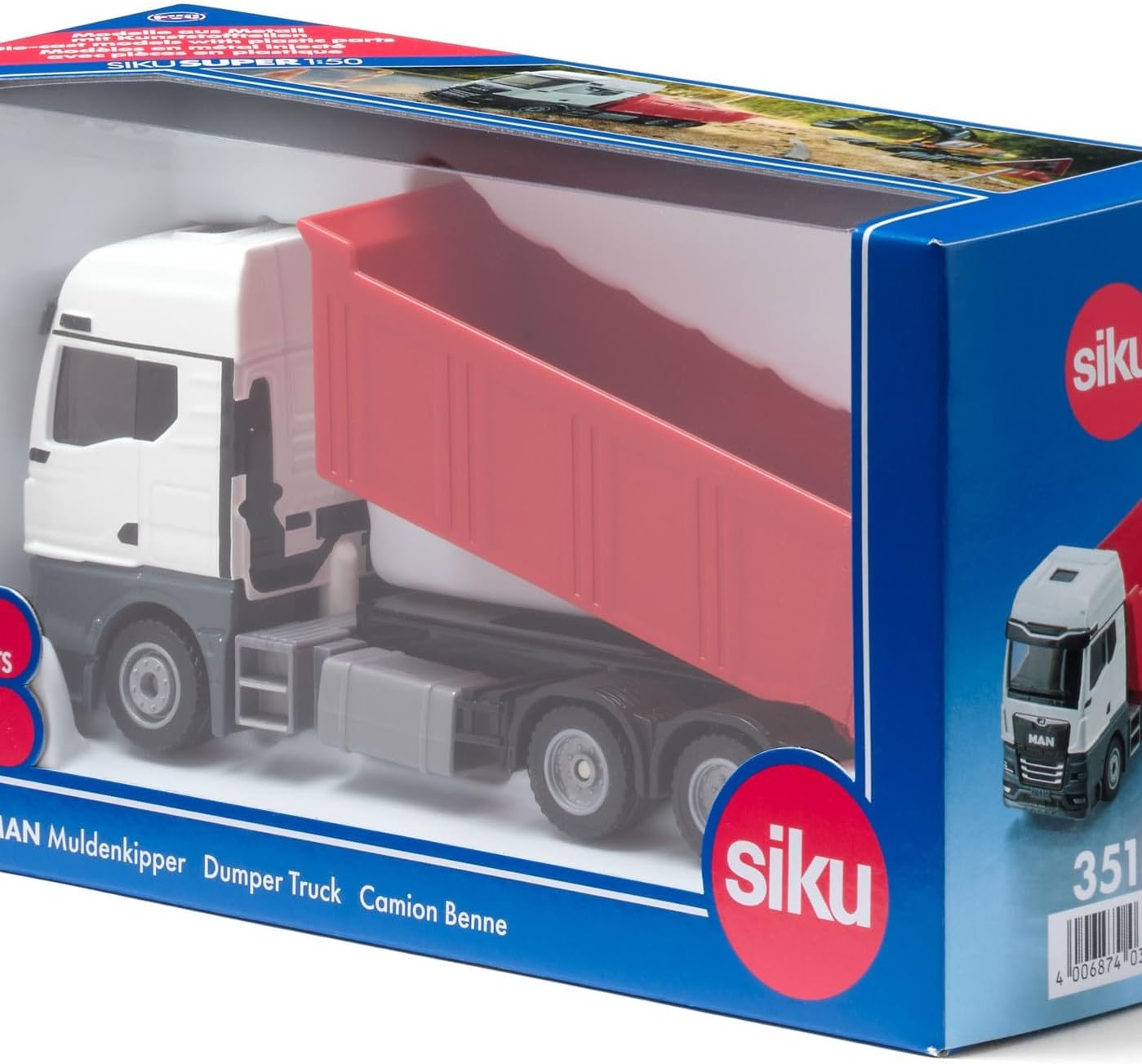Siku 3518 Man Dump Truck, 1:50, Metal/Plastic, Red/White, Toy Truck for Kids, Tilting Trough, Robust Design