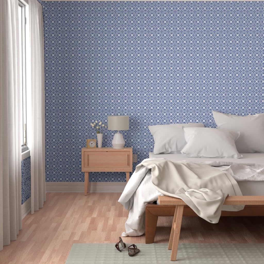 Removable Wallpaper 3ft x 2ft - Delft Fleur Blue White Geometric Pattern Cobalt Spanish Tiles Floral Squares Abstract Kitchen Decor Custom Pre-Pasted Wallpaper by Spoonflower
