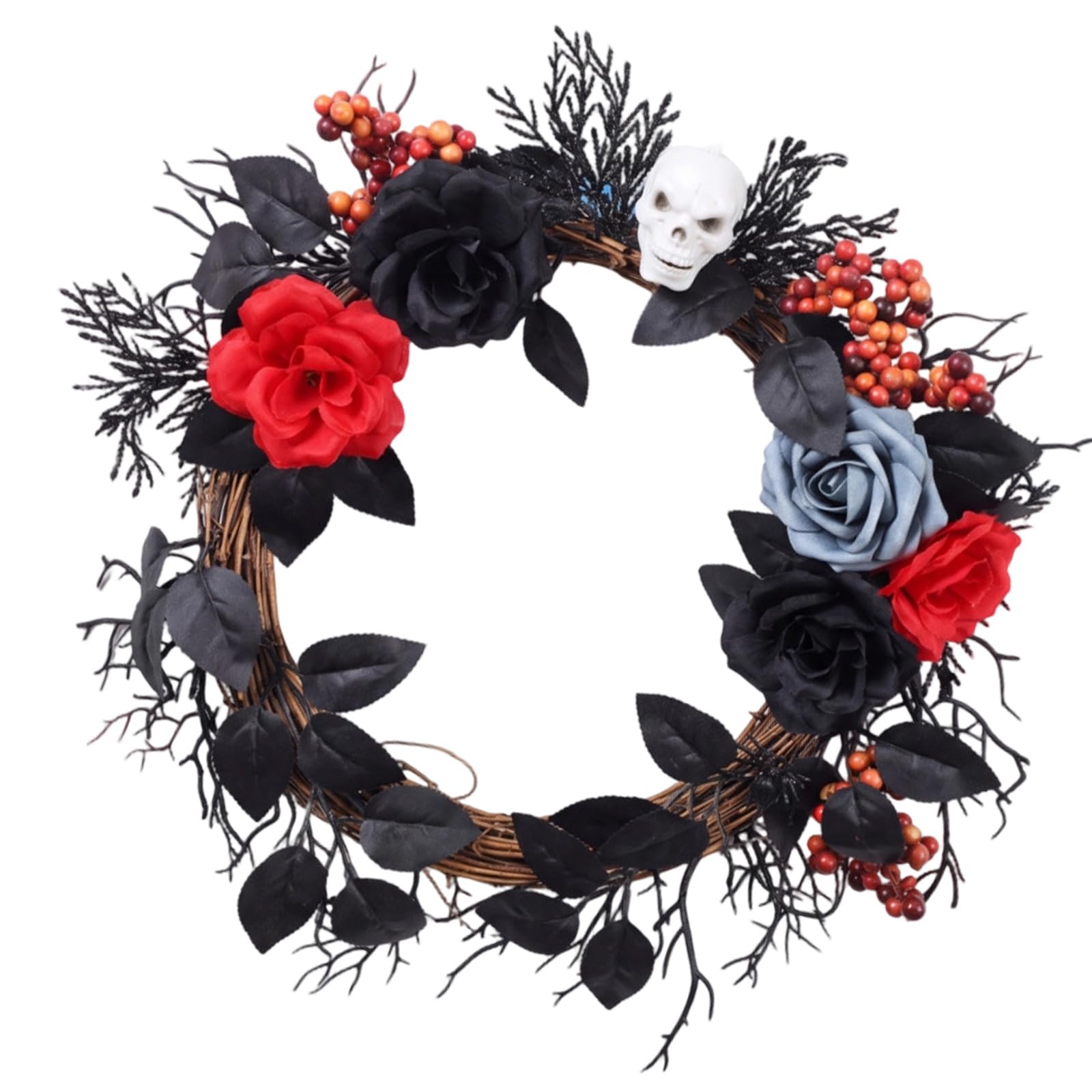 Pangboer Multicolor Dark Floral Halloween Wreath With Twig Texture For Front Entry Wall Display, Artificial Rose Party Backdrop Accent, 15.7 Inch Holiday Decor Halloween Door Wreath Gothic Floral Wall Accent