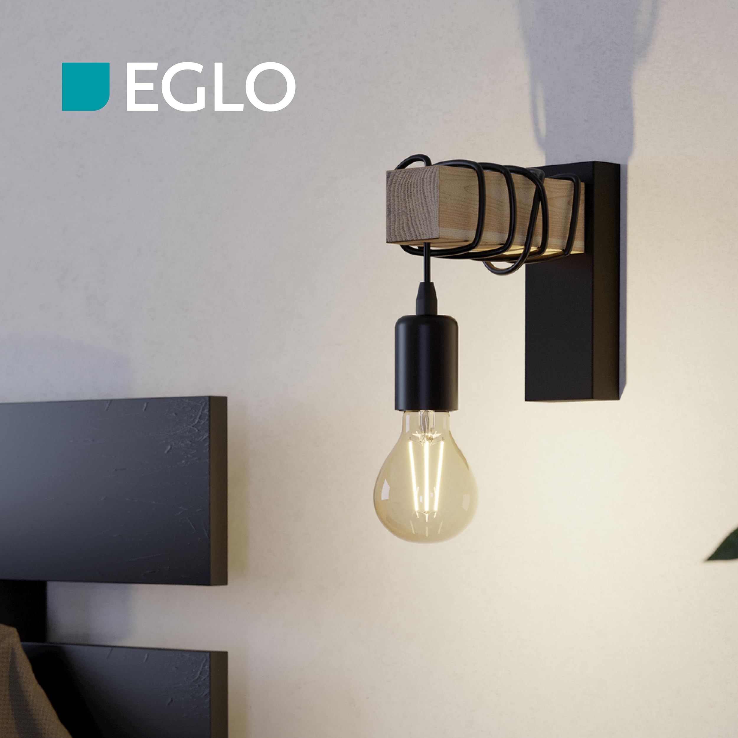 Eglo Lampada da parete Townshend, plafoniera vintage a uno punto | luce, lampada da parete dal design industrial, lampada retrò in acciaio e legno, nero, marrone, E27, certificazione FSC