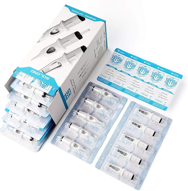 Solong Tattoo Cartridges Needles (50Pcs Mixed RL RS M1) Tatttoo Needle #12 Standard Disposable Sterilized Professional Safety Cartridges with Membrane for Tattoo Artists Round Liner EN02D-50KIT-B