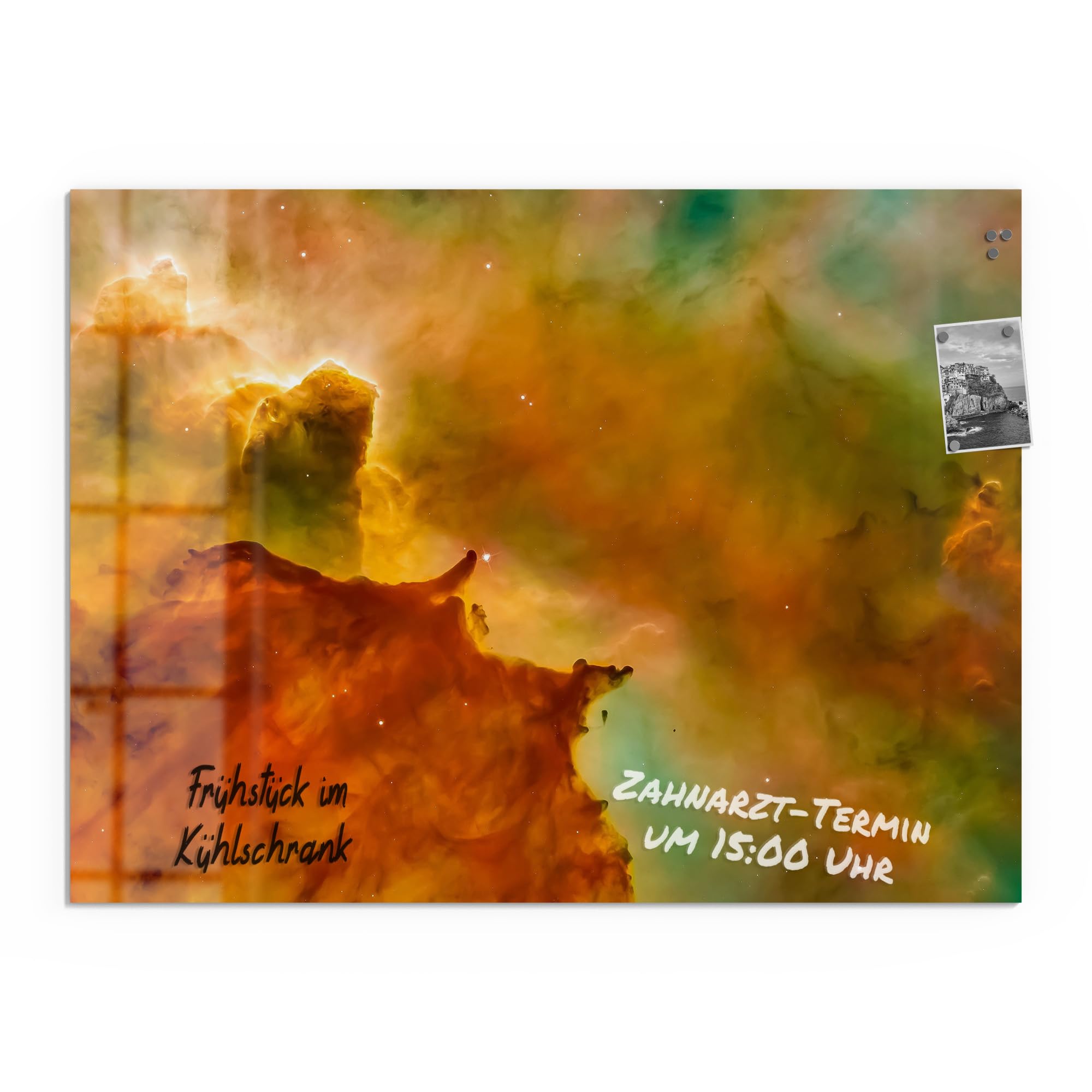 DEQORI Szklana tablica magnetyczna | wymiary 120 x 90 cm | motyw "Kosmiczny czarodziej" | tablica memo ze szkła | tablica magnetyczna z magnesami, długopisem i chusteczką do kuchni i biura | tablica
