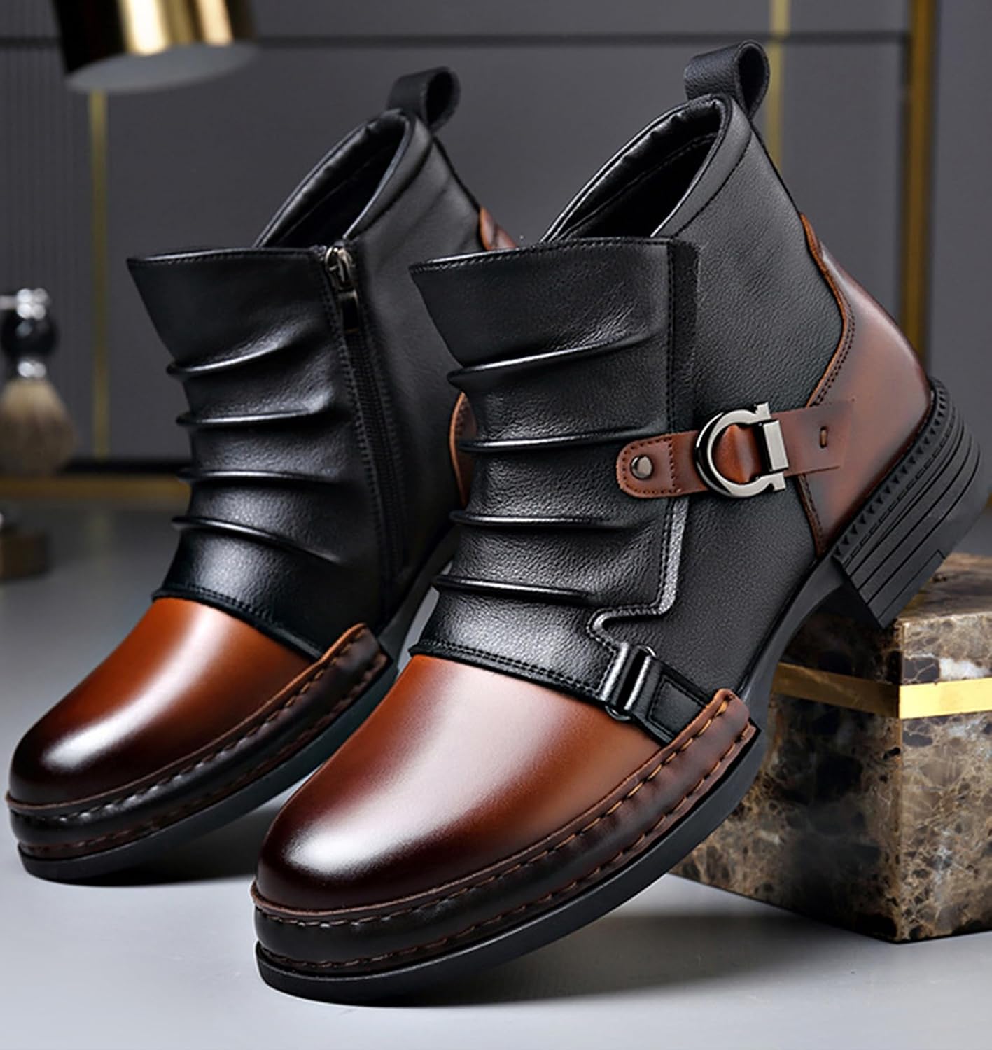 Men's Retro Genuine Leather Ankle Boots, Motorcycle Riding Boots, Lightweight Breathable Non Slip Sole