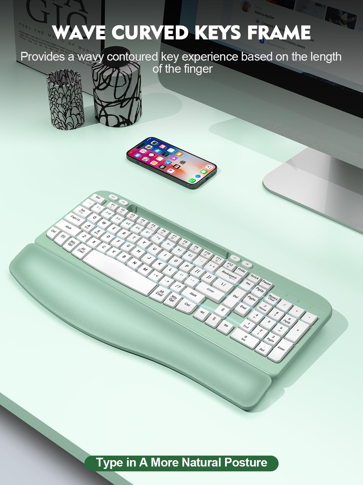 EAYBLLY Wave Keys Bezprzewodowa ergonomiczna klawiatura z amortyzowanym podparciem dłoni, wygodne naturalne pisanie, do dużych dłoni, 2,4 GHz, pełnowymiarowa bezprzewodowa klawiatura komputerowa USB