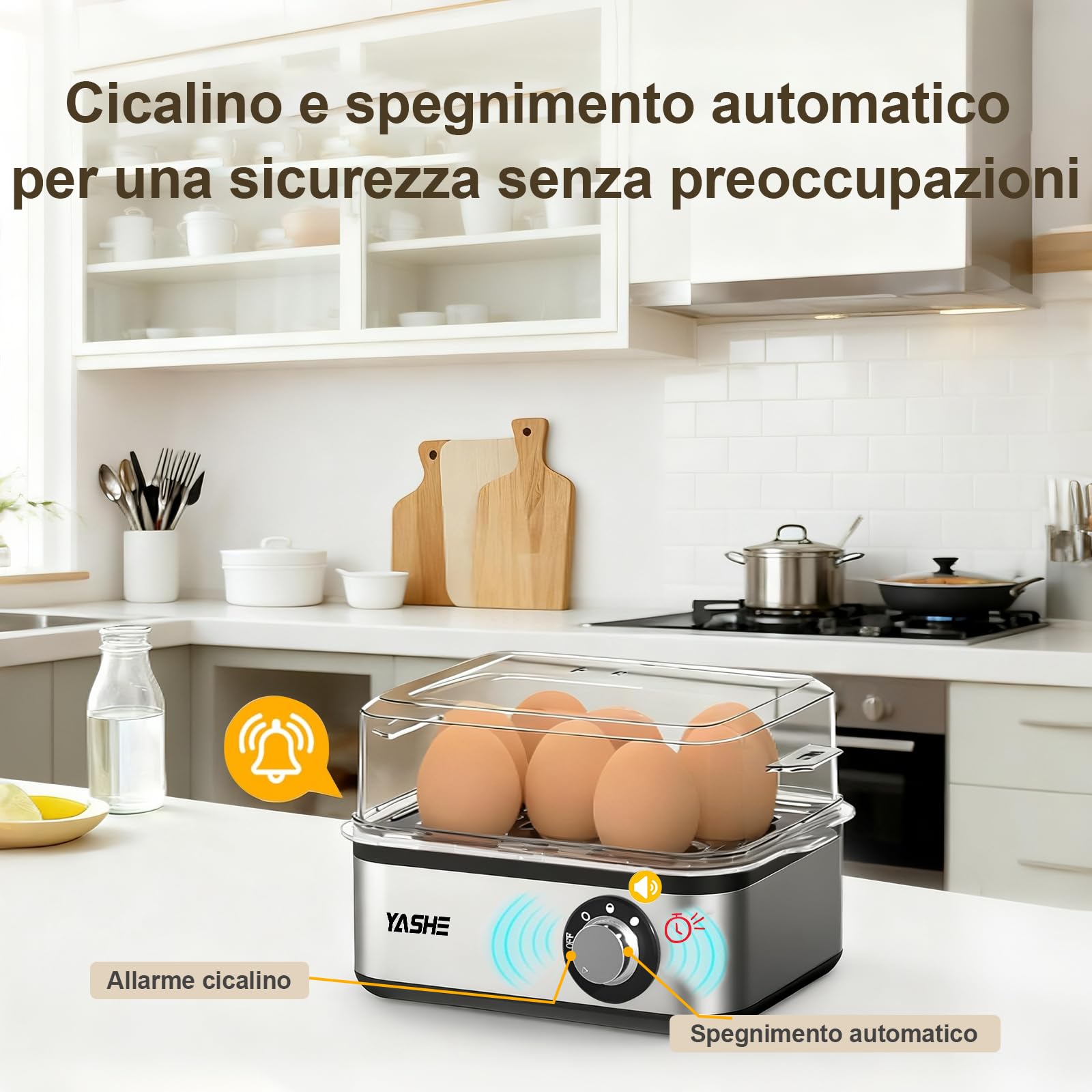 YASHE Cuociuova elettrico in acciaio inox per 8 uova sode, medie e alla coque, in camicia con spegnimento automatico e cicalino, include ciotola per frittata e misurino, senza BPA