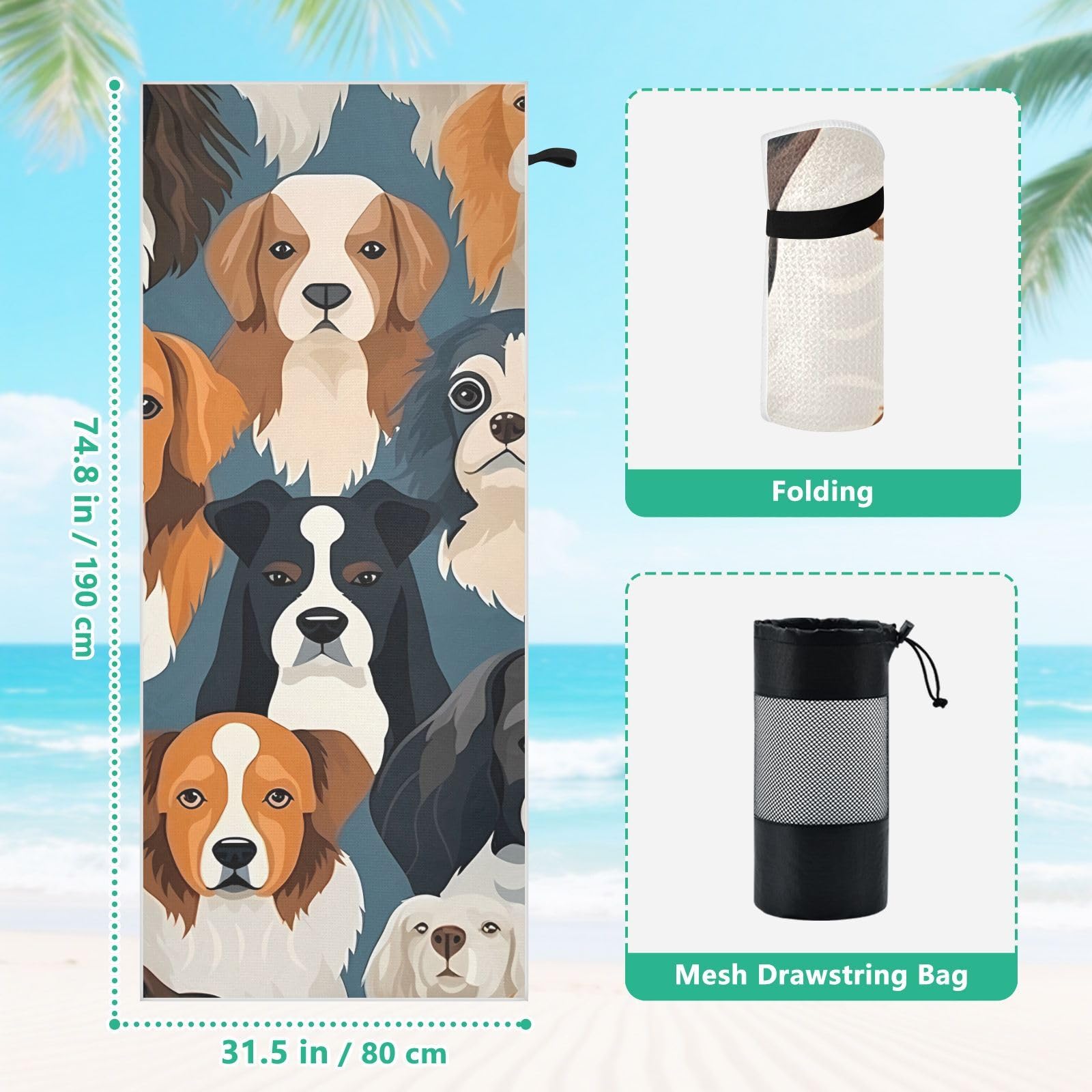Toallas de playa grandes con bolsas de malla para adultos, colección de perros lindos, toalla de baño con cierre magnético, toalla absorbente de secado rápido para piscina, camping y viajes, 190