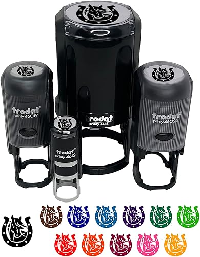 Horse in Horseshoe - Sello de goma autoentintado para sellar planificadores de manualidades, tamaño mediano de 1 pulgada, tinta amarilla