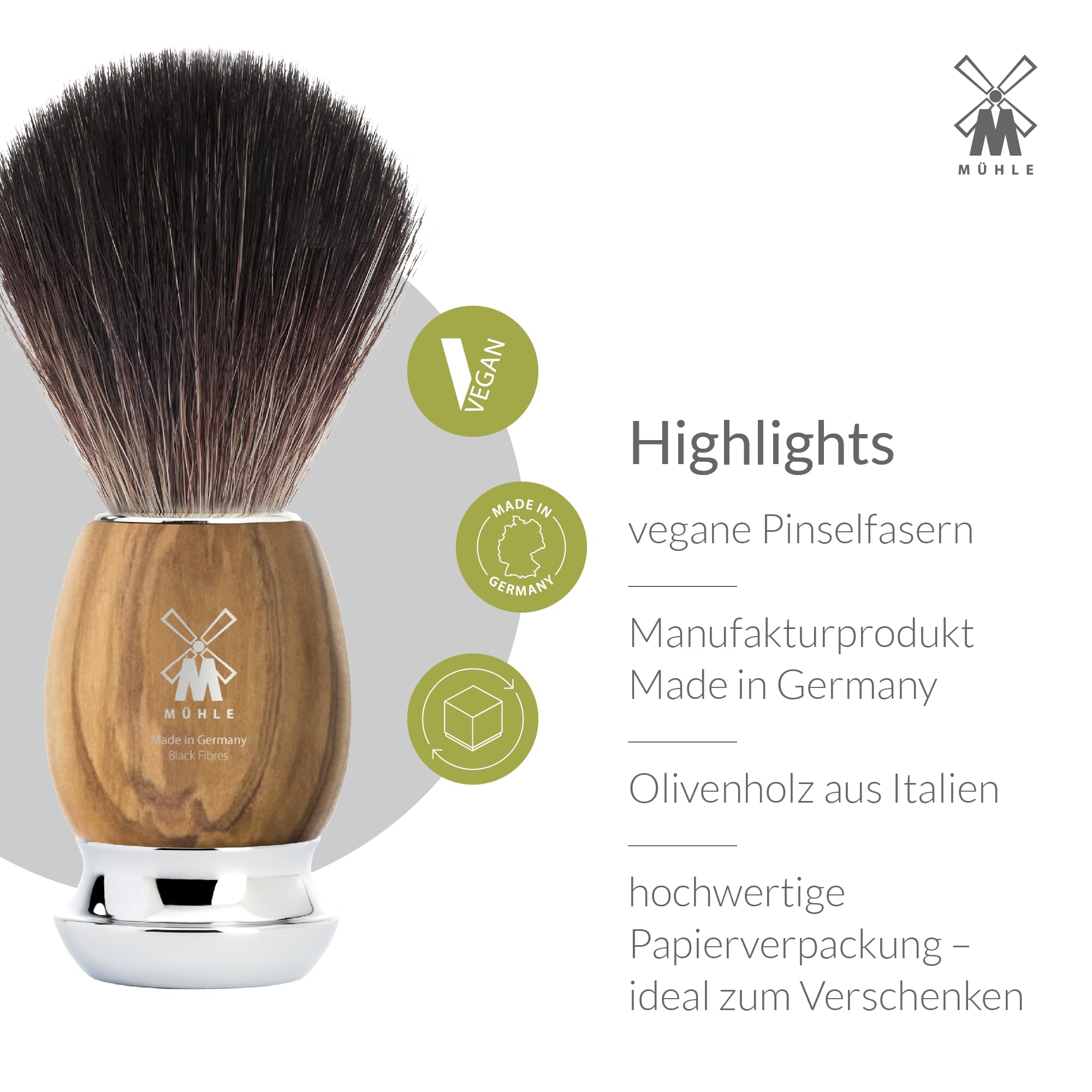 MÜHLE Vivo Rasierset - Rasierhobel, Rasierpinsel Black Fibre, Halterung mit Schale, Griffe aus edlem Olivenholz - vegan