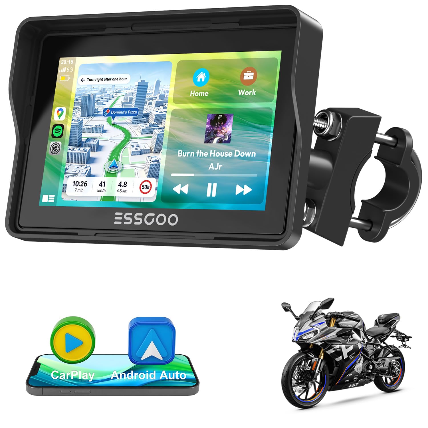 ESSGOO 5 Pouces CarPlay Moto Écran Android Auto sans Fil Tactile IPS | IP67 Étanche, Musique Bluetooth 5.3,Navigation GPS,Commande Vocale, Installation Démontage Faciles
