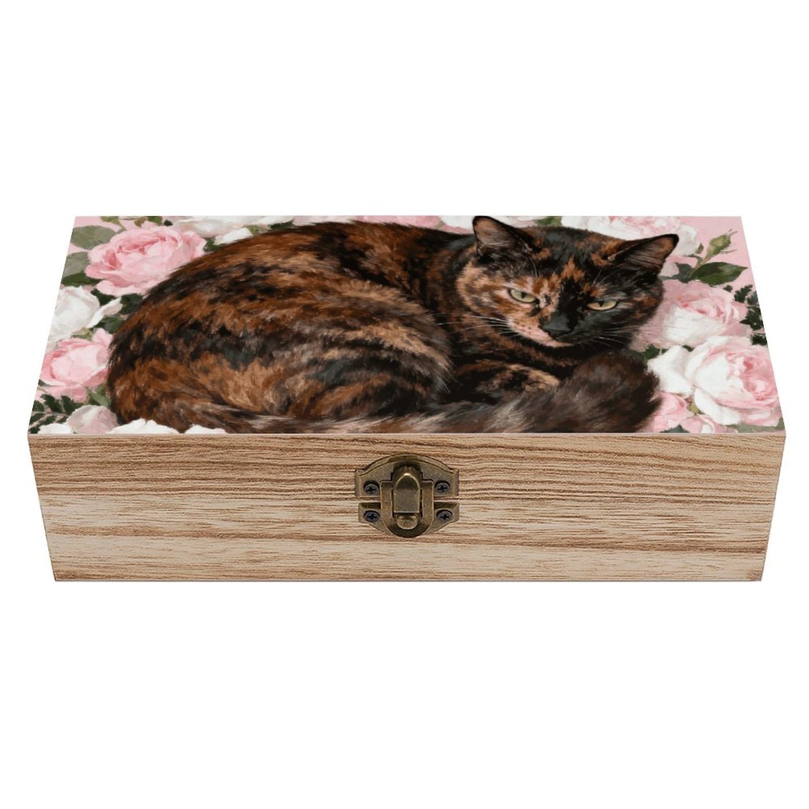 Tortoiseshell Cat in Roses Wooden Keepsake Box Storage Boxes with Hinged Li