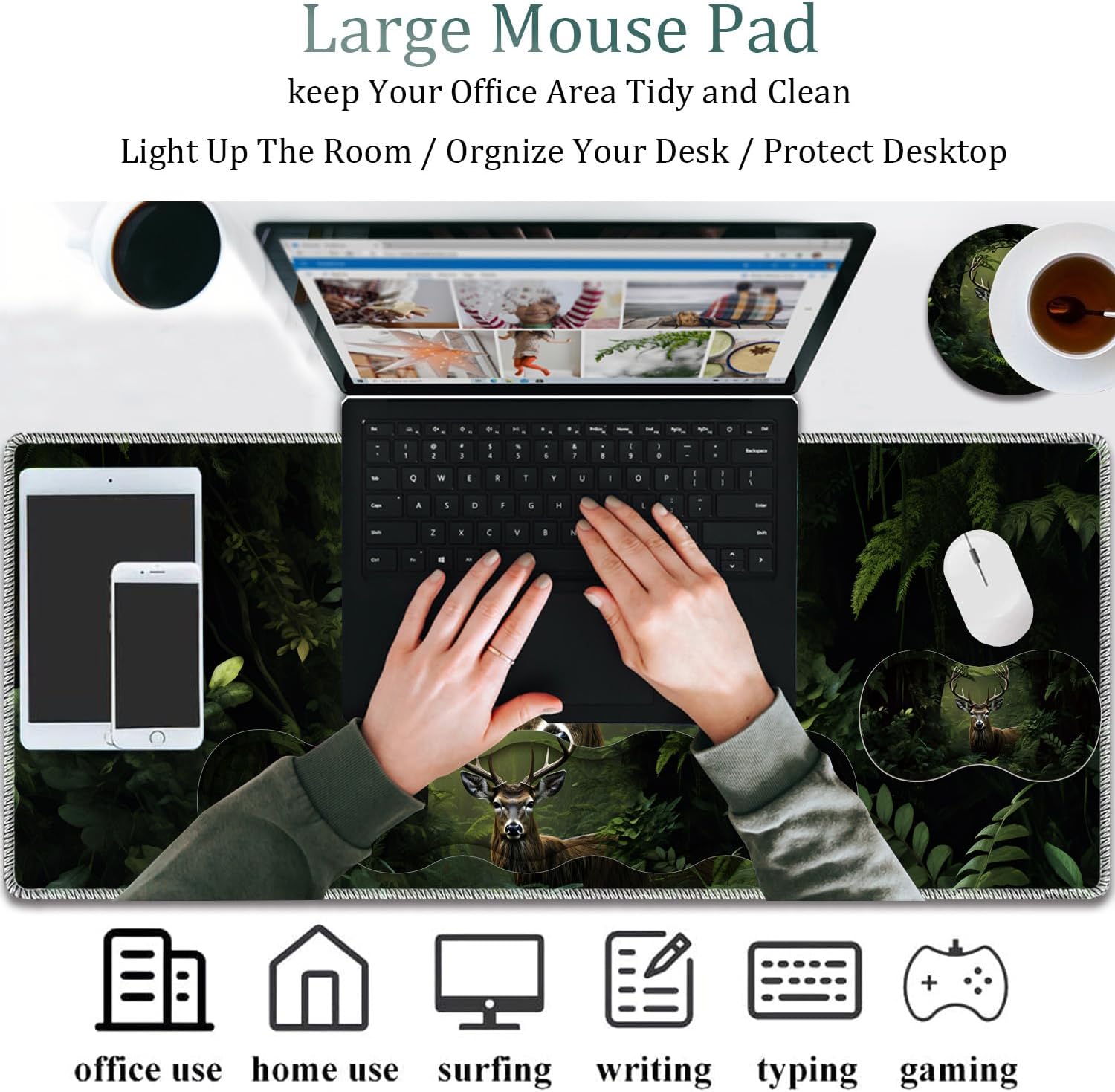 4 in 1 Mouse Pad Combo, Large Gaming Mouse Pad + Keyboard Wrist Support + Mouse Wrist Rest + Coaster, Table Pad 31.5 "x 11.8" with Memory Foam Ergonomic Wrist Pad Set, Camouflage Forest Deer