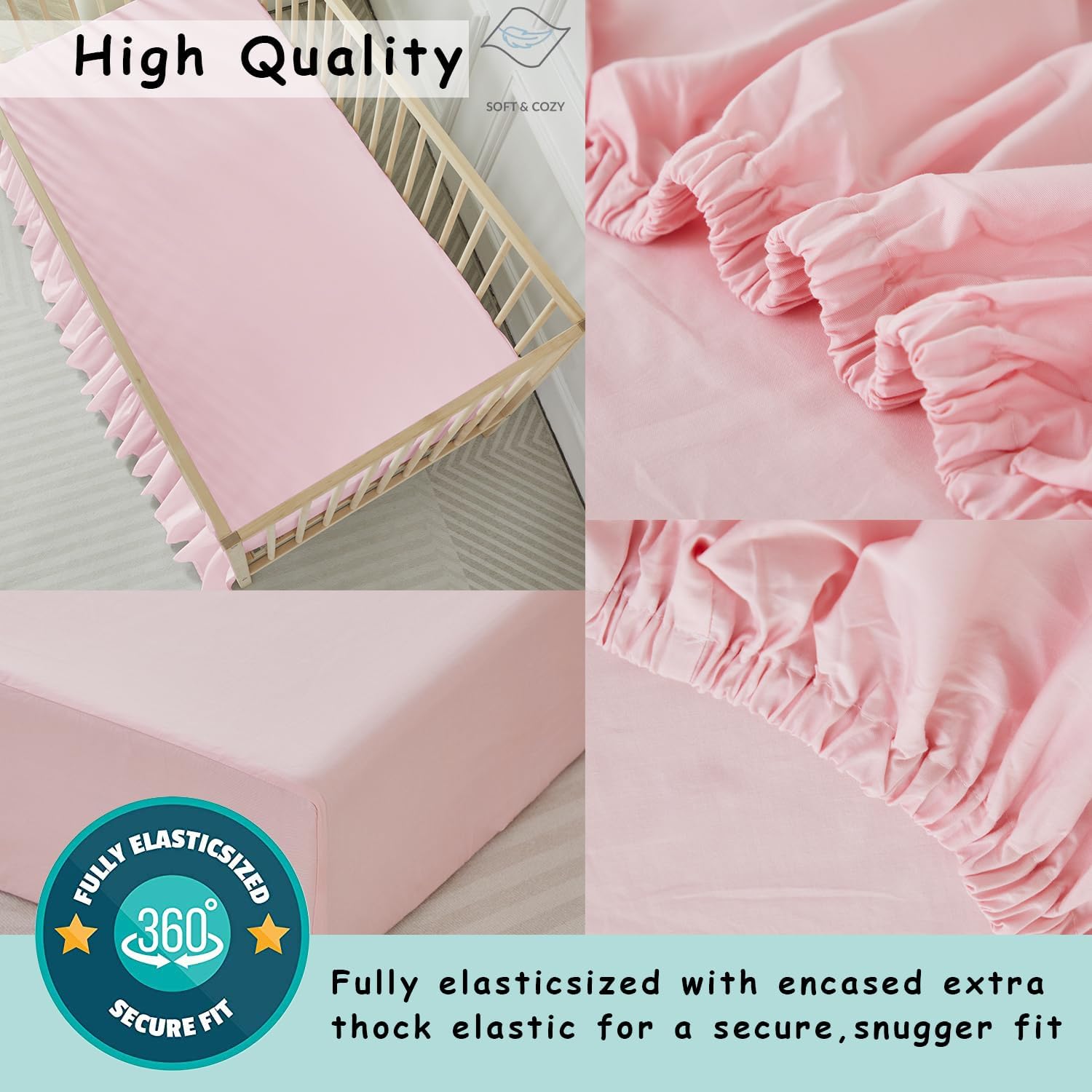 Brandream Attached Crib Skirt Sheet Girls Boys Ruffled Bed Skirt (One Side) 2-in-1, 100% Cotton, Toddler Bedskirt Nursery Standard Crib Bedding Sheet Skirts Solid Pink Dust Ruffle