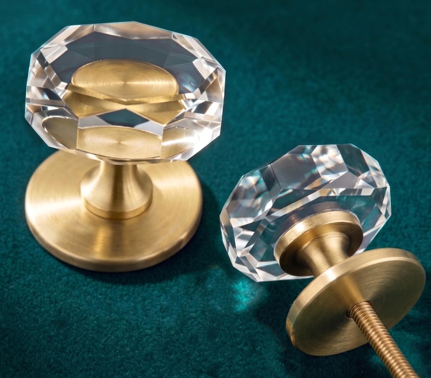 QOGRISUN 10 Pack Polygon Crystal Cabinet Knobs with 1-1/4 Backplates, Modern Clear Glass Gold Drawer Pulls and Brass Backing Plates Set, Restoration Kit for Covering Old Hole Marks & Cabinet Upgrade