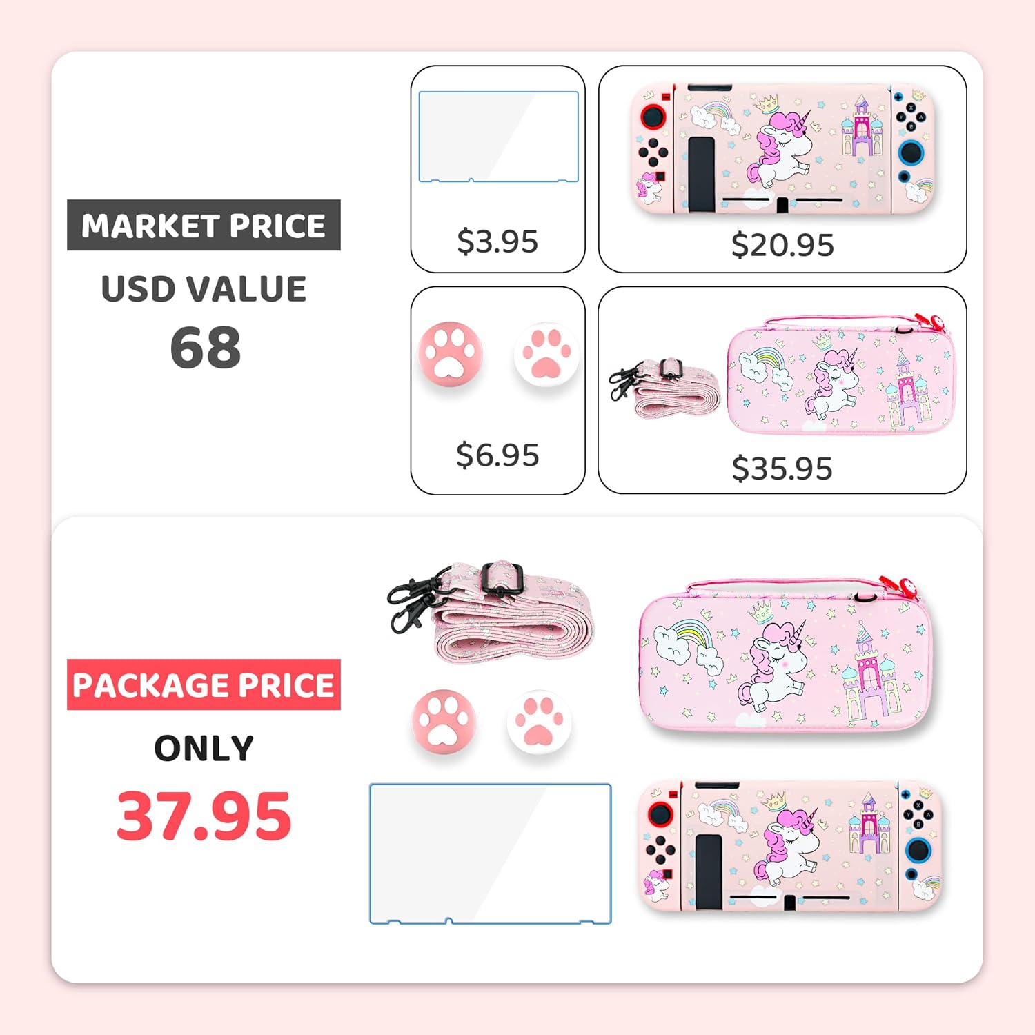 GLDRAM Pink of Unicorn Carrying Case for Nintendo Switch Accessories, Cute Rainbow Switch Travel Case for Girls with Soft TPU Protective Cover Shell, HD Screen Protector, Thumb Caps & Shoulder Strap