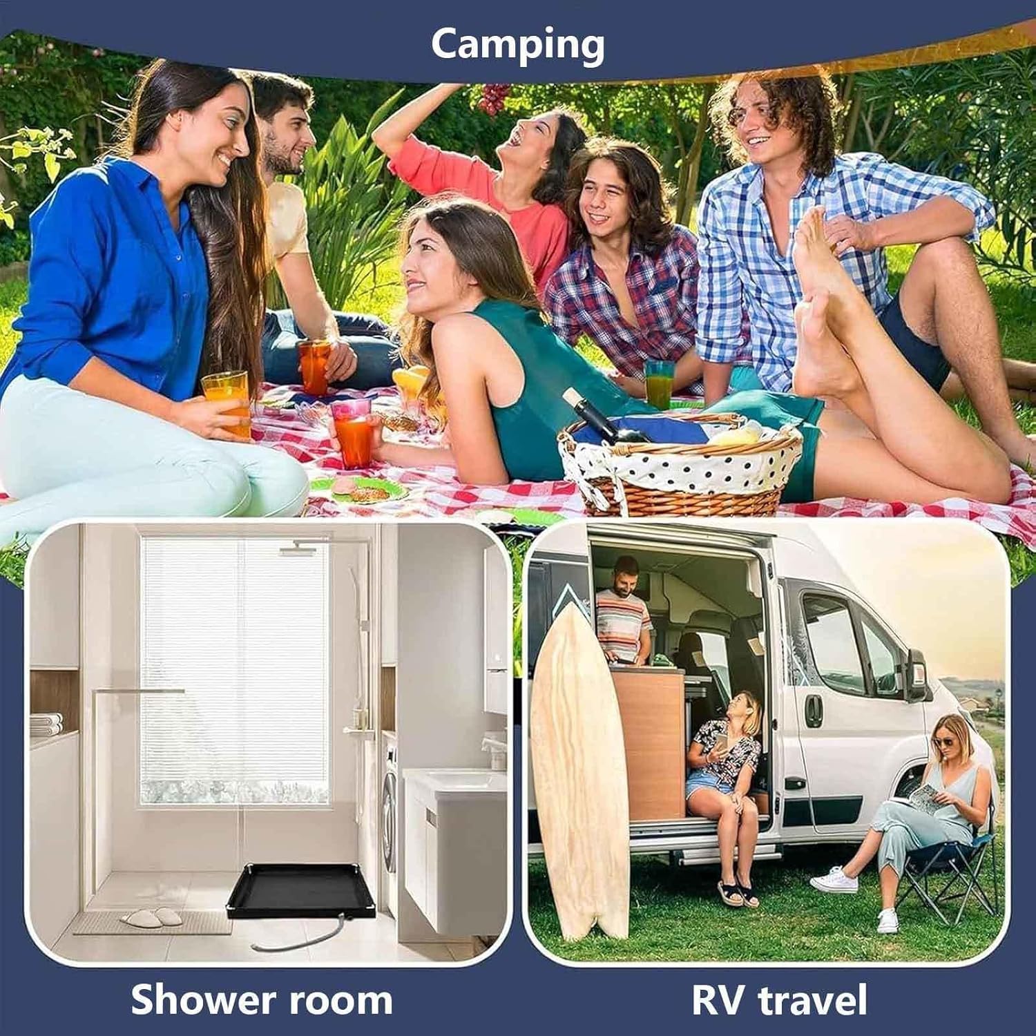 Outdoor Shower Pan, with Drain Hose Outdoor Shower Base, Foldable Portable Shower for RV, Beach, Glamping