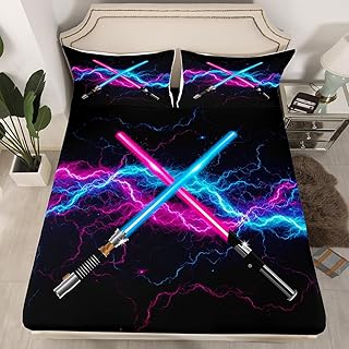 Blue Orange Lightsaber Fitted Sheet Twin Size,Neon Glowing Lightning Bedding Set Video Games Theme Bed Sheet for Kids Boys Girls Teens Room Decor,Modern Black Deep Packet Sheet,1 Pillowcase
