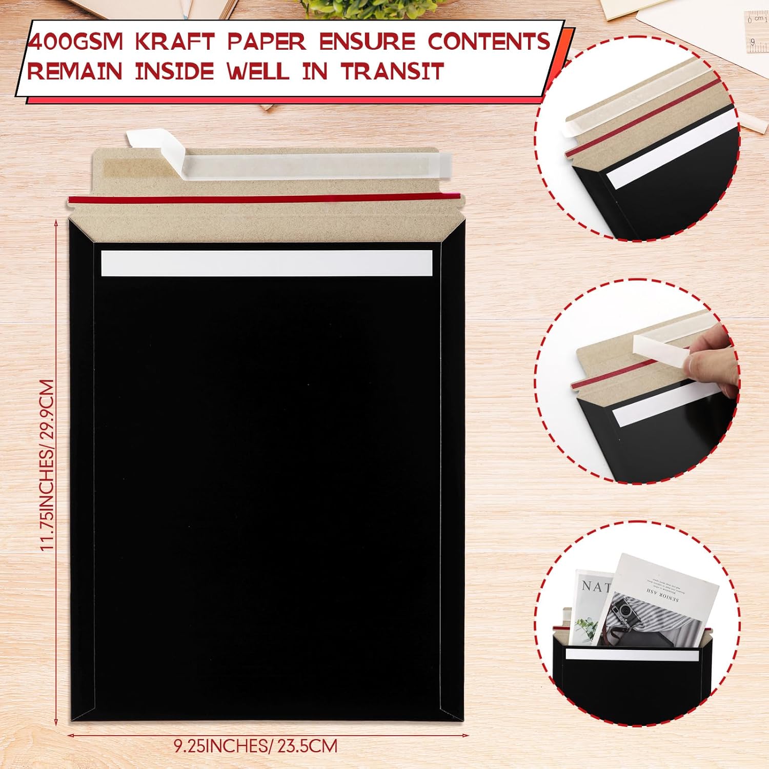 Fainne 150 Pack Rigid Mailers 9.25 x 11.8 Inches, Resealable Photo Document Mailers Cardboard Flat Envelopes for Shipping Photos, Pictures, Papers, Files, Cd, Magazines, Comic Books (Black)