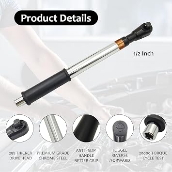 Offset Extension Wrench, Heavy Duty Ratchet Extender | with 1/2, 3/8, 1/4 Inch Socket Adapters, 74 Ft-Lbs Manual Torque/50 Ft-Lbs Electric Torque, for Tight Spaces
