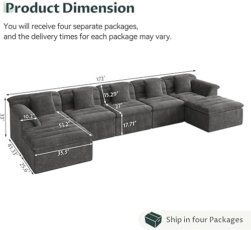 Miniatura 9 de Sofá Seccional Cloud de 51", Sofá Modular Moderno con Asiento Profundo, Cómodo Sofá Individual Comprimido, Sofás Tapizados de Pana para Sala