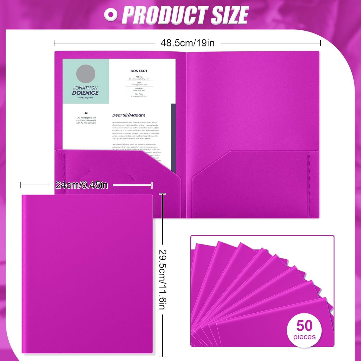 Gueevin 50 Pcs Plastic Folders with Two Pockets, Back to School Two Pocket Folder Fit Letter Size, Heavy Duty School Business Card Holder for Home Office Teachers(Fluorescent Purple)