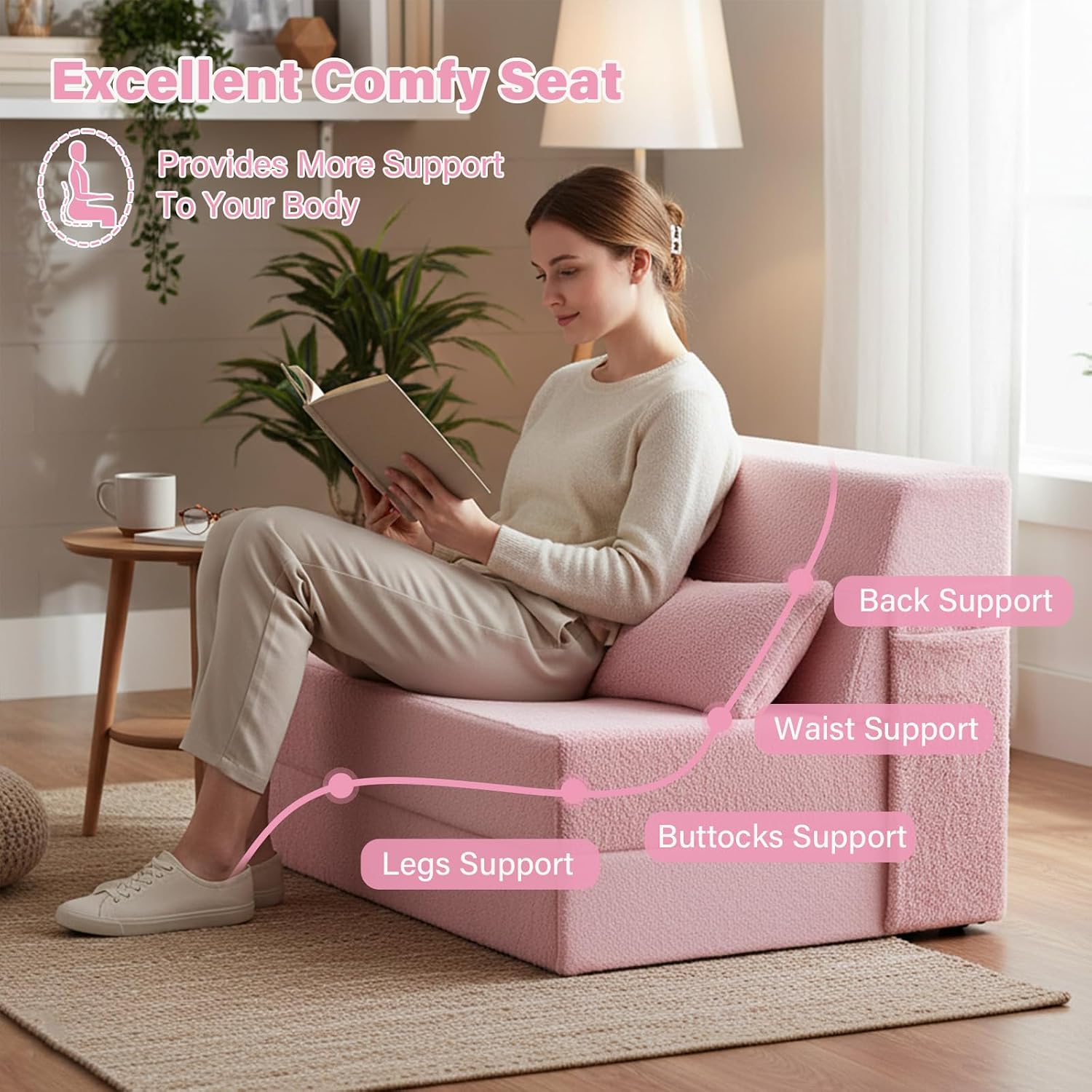 Tiita Convertible Folding Sofa Bed Twin Size for Adults with Pillow, Plush Fabric Floor Mattress Couch Bed, Washable Cover & Side Pocket, Guest Room, Dorm, Apartment, Living Room, Pink