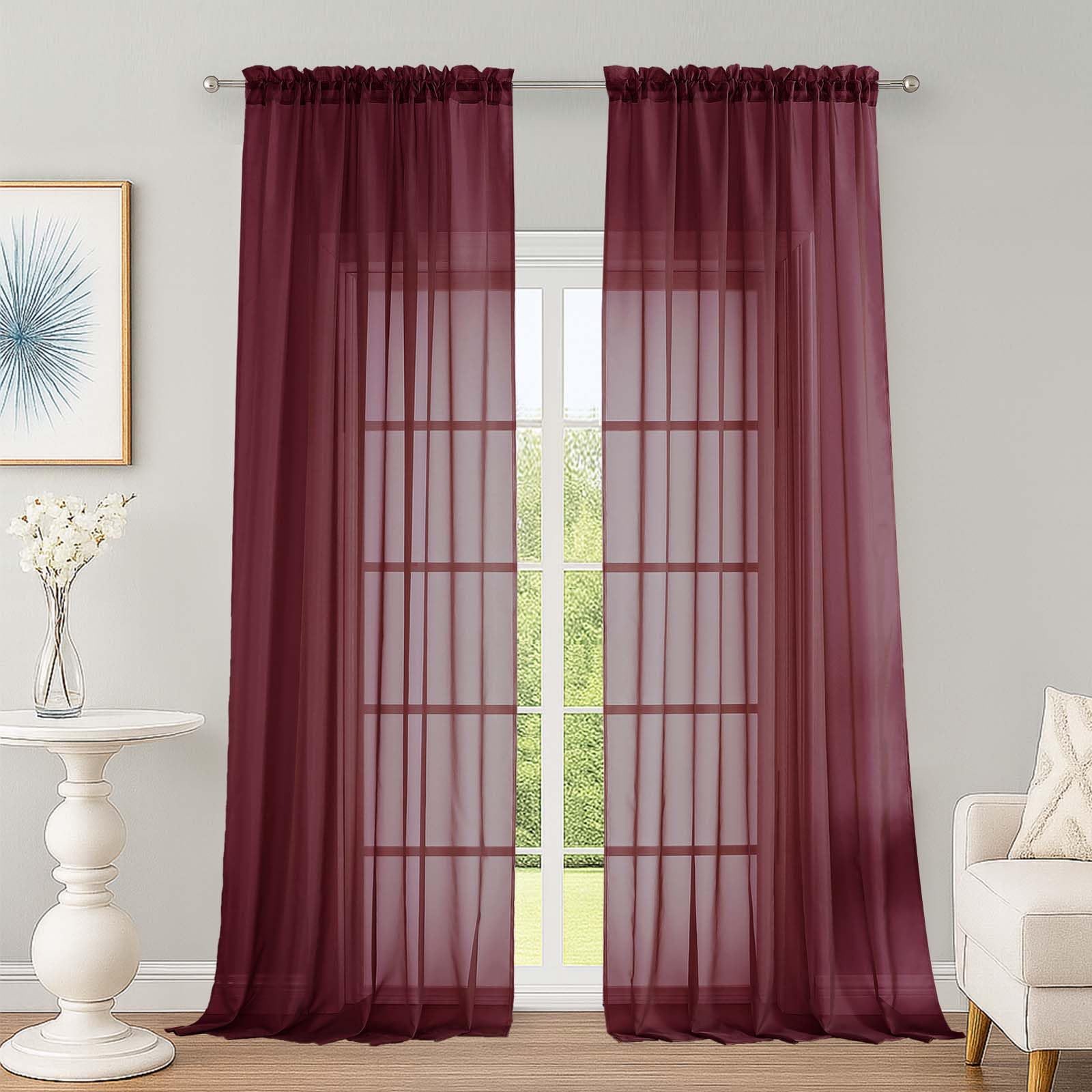 Sheer Curtains 2 Panels Set for Bedroom Living Room, Soft Solid Rod Pocket Light Filtering Window Treatment, 2Pcs Each 59" W x 96" L, Burgundy Wine