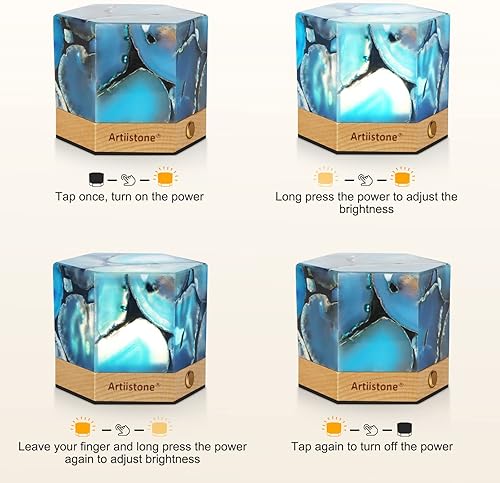 Miniatura 4 de Artiistone Luz nocturna de ágata azul con piedra de cristal natural, lámpara táctil LED, luces de piedras preciosas talladas con base de madera,