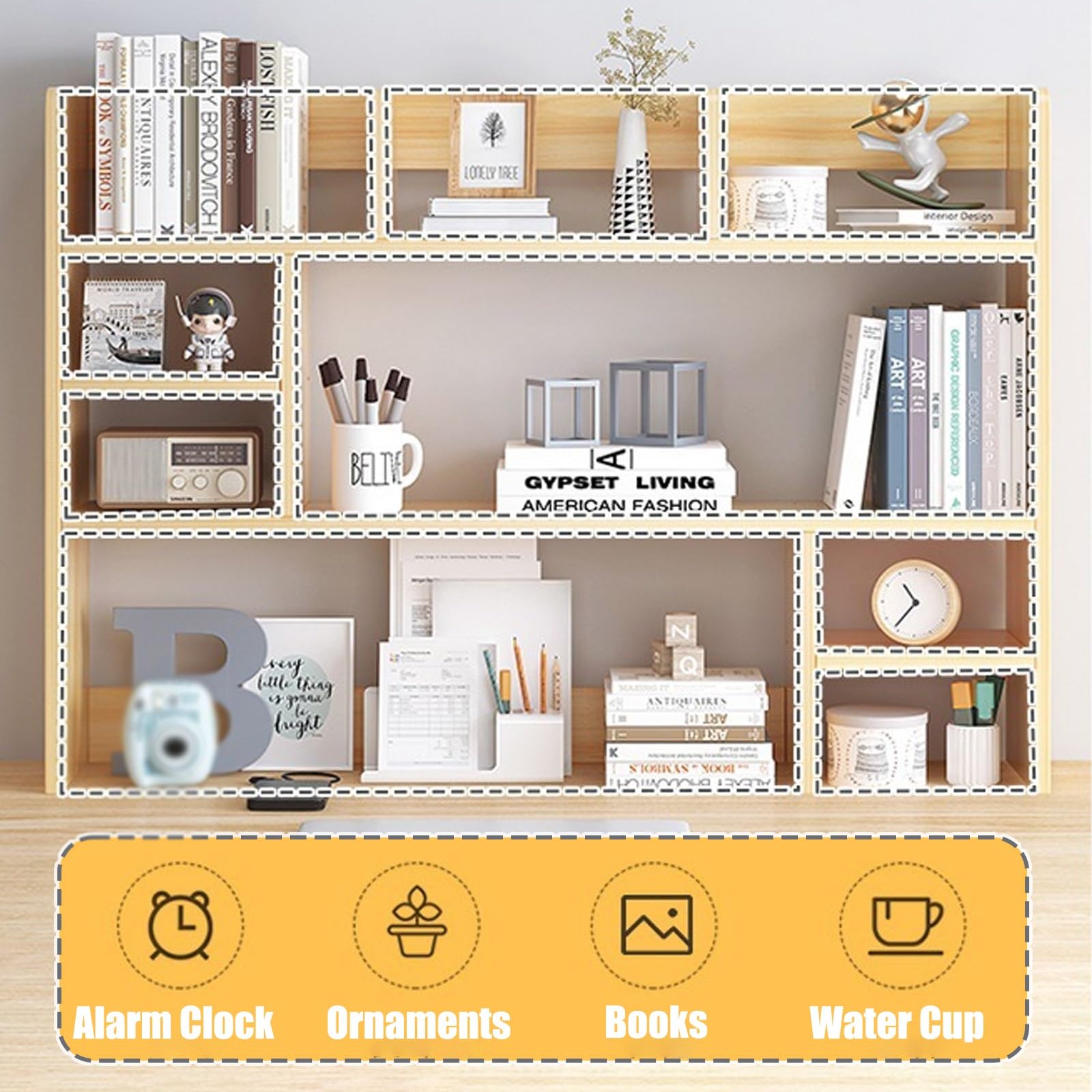 Organizador de estantería de escritorio con puertas, estantería independiente para almacenamiento de suministros de escritorio sobre el estante del escritorio, organizador de estante superior de