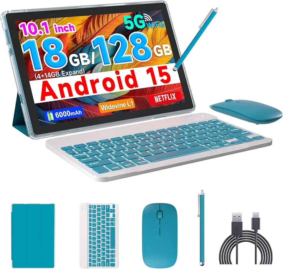 COOPERS Tablet Android 15, tablet de 10 polegadas, 18 GB de RAM + 128 GB de ROM, 2 TB expansível, processador quad-core de 2,0 GHz, WiFi 6 BT 5.0, câmeras duplas, tablets 2 em 1 com capa de teclado