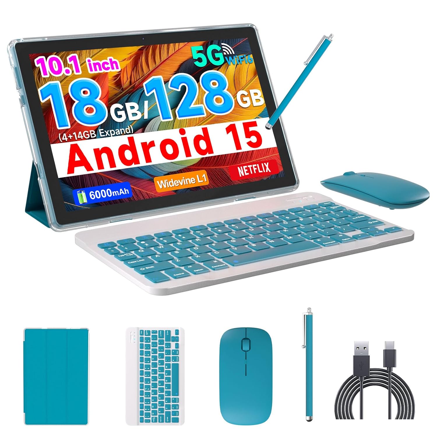 Android Tablet 10 Inch 2 in 1 12GB RAM 128GB ROM Expandable to 1TB with Case, Keyboard, Stylus Pen, Dual Camera, WiFi, Bluetooth, 6000mAh Battery, Google Certified