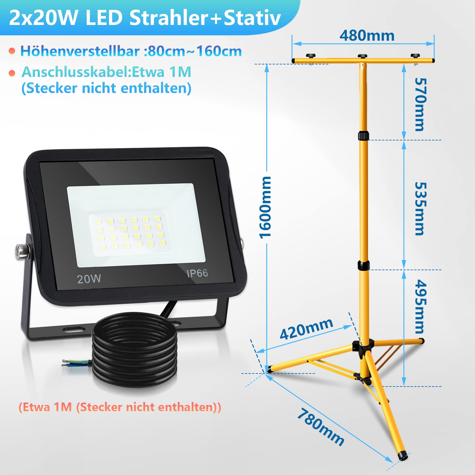 Daromigo Reflektor budowlany LED ze statywem, 2 x 20 W, 1700 lm, ciepła biel, 3000 K, na plac budowy, do warsztatu lub piwnicy, IP66, lampa budowlana LED do użytku wewnątrz i na zewnątrz, regulacja