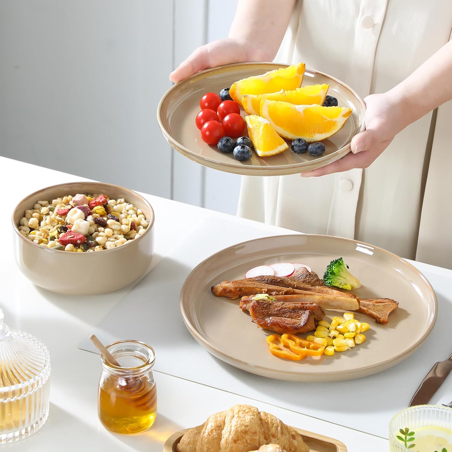 vancasso PLAYA Ceramic Plates and Bowls Sets, 18 Pieces Brown Dinnerware Sets for Kitchen, Reactive Glaze Dishes Set for 6, Dishwasher and Microwave Safe - Image 6