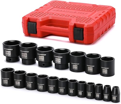 MIXPOWE - Juego de dados de impacto estándar de 19 piezas, 12 pulgada, SAE, poco profundo, 38 a 1-12 pulgadas, acero de aleación Cr-Mo, diseño de