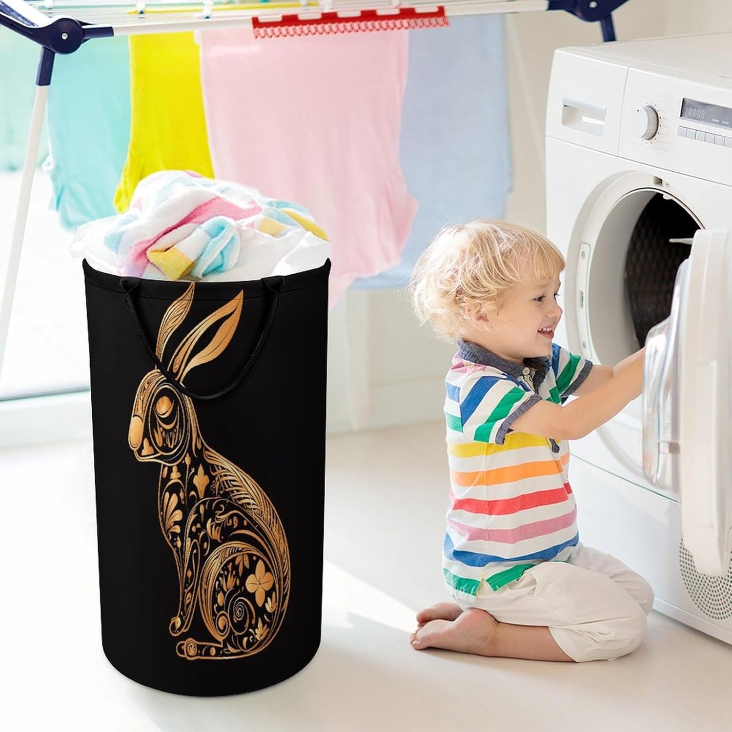 Rabbit IconLaundry Hamper - Large Dirty Clothes Bag.Storage Basket for Easy Carry Handles. Large Clothes Basket with Handles, Clothing Storage Bucket Toy Organizer for Bathroom Bedroom Dorm.