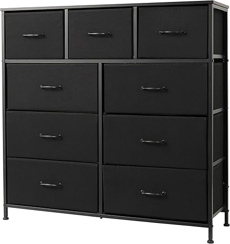 LunarLight Cómoda de 9 cajones, torre de almacenamiento de tela para dormitorio, pasillo, guardería, organizador de armario alto, marco de acero,