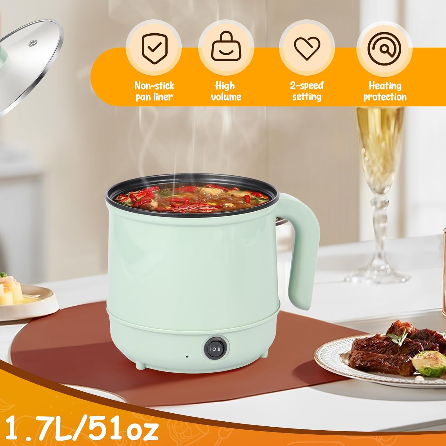 Hot Pot Electric, 1.7L Ramen Cooker, Stick Proof Small Electric Pot, Multifunctional Rapid Noodles Cooker with Over Heating Protection for Pasta, Noodles,Egg,Soup - Mini Hotpot Shabu (no with Steamer)