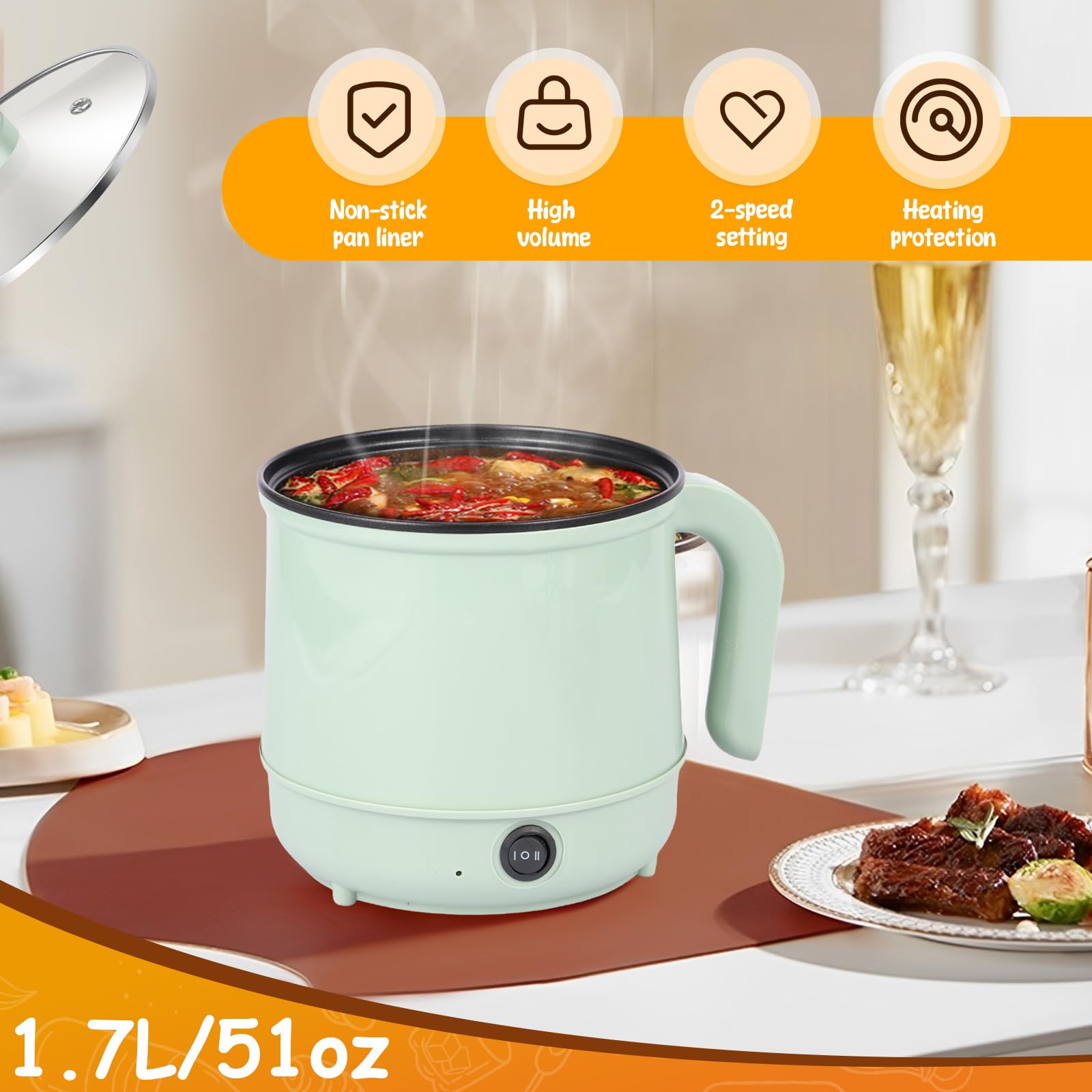 Electric Ramen Cooker, Noodle Cooker, Ramen Pot, Mini Hot Pot, Electric Hot Pot, Portable Electric Noodle Cooker for Pasta Dumpling Soup Steak (Single)