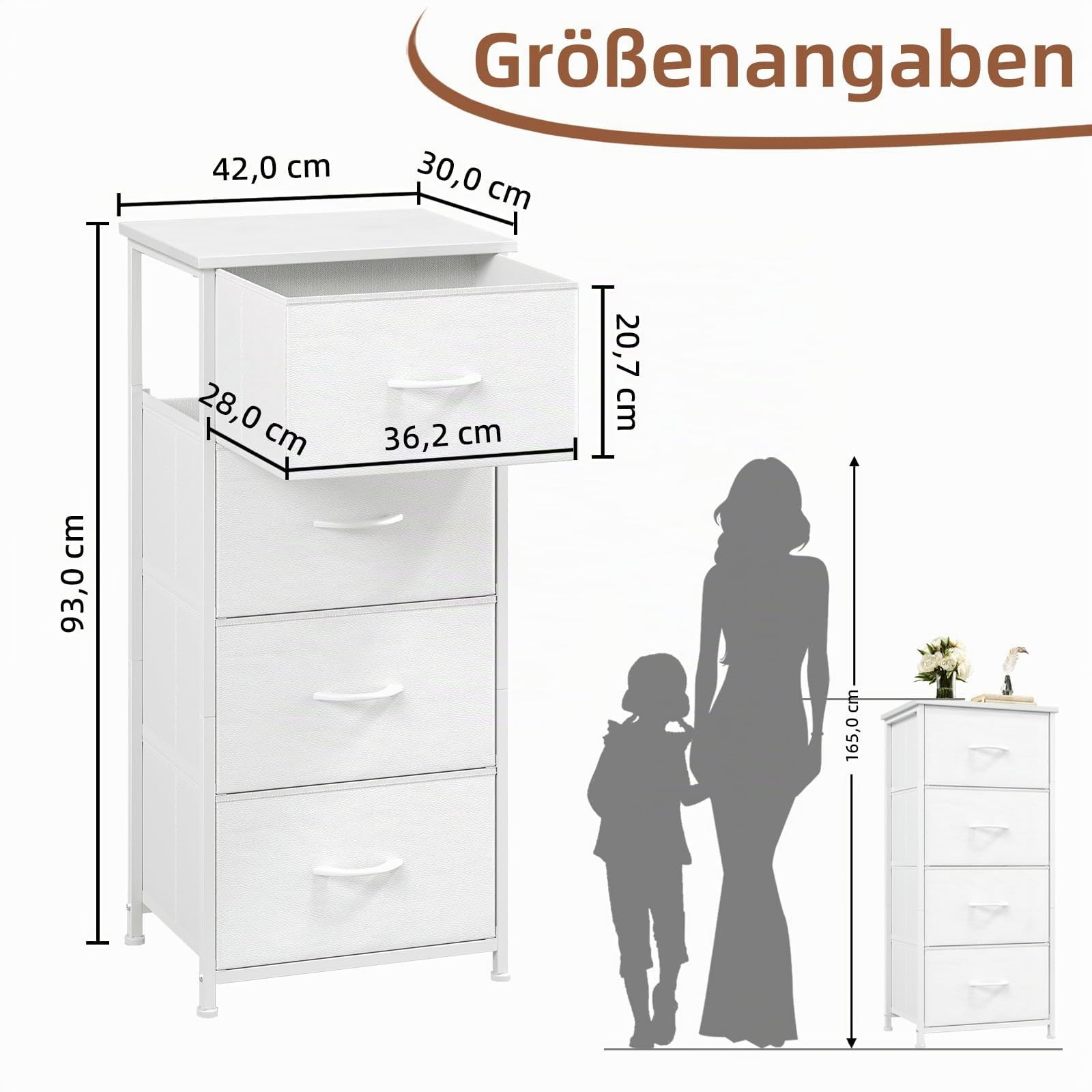 Somdot Kommode mit Schubladen, Kommode Schlafzimmer Wohnzimmer Flur, Komodenschrank Schubladenschrank Aufbewahrungsschrank Stoffkommode, 4 Stoffschubladen, Weiß, 30T x 42B x 93H cm