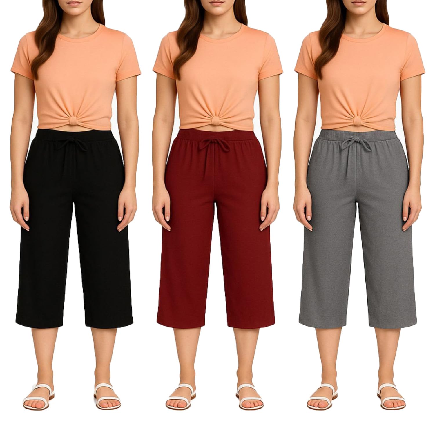 brand flex Womens Cotton Plain Loosefit Capri, 3/4th Capri For Girls (Pack Of 3)-picture-49