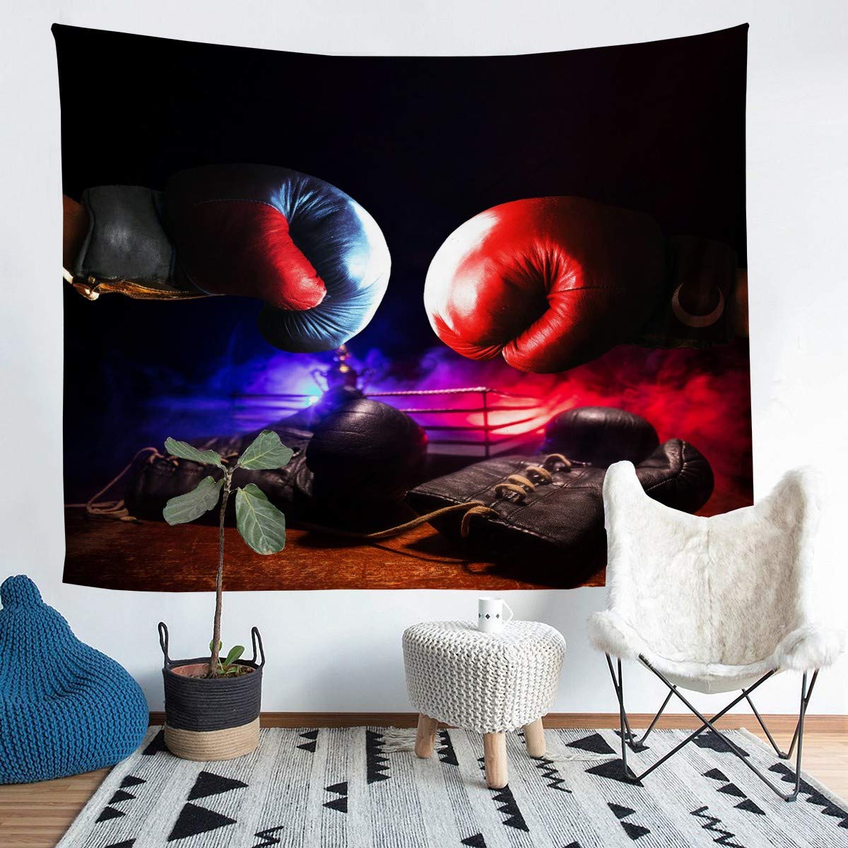 Boxing Tapestry Wall Hanging Sports Theme Tapestry for Kids Boys Girls Men Black Red Boxing Gloves Pattern Wall Tapestry Pugilism Games Design Wall Art for Bedroom Living Room,Large 58x79 Inch