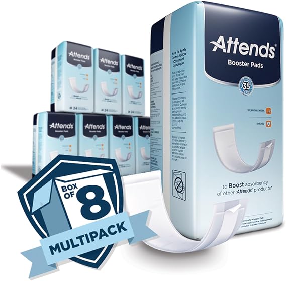 Attends Booster Pads for Adult Incontinence designed to boost absorbency of other Attends products, Unisex, one size, 3.5x11, 24 Count (Pack of 8)