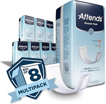Attends Booster Pads for Adult Incontinence designed to boost absorbency of other Attends products, Unisex, one size, 3.5x11, 24 Count (Pack of 8)