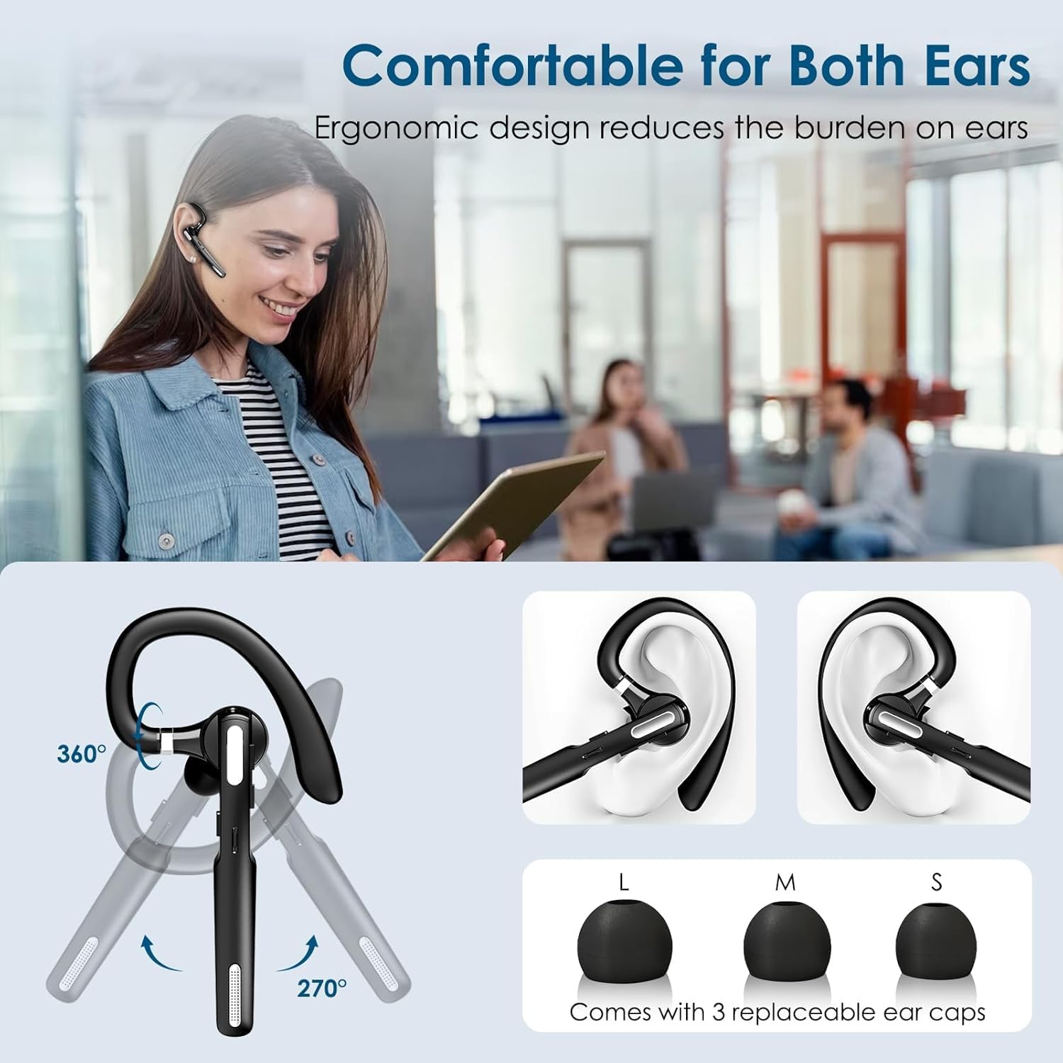 Bluetooth Headset, Wireless Bluetooth Earpiece V5.3 Hands-Free Earphones with Built-in Mic, Bluetooth Earpiece for Cell Phone/PC Tablet/Laptop Computer, Headphones for Trucker/Driver/Business