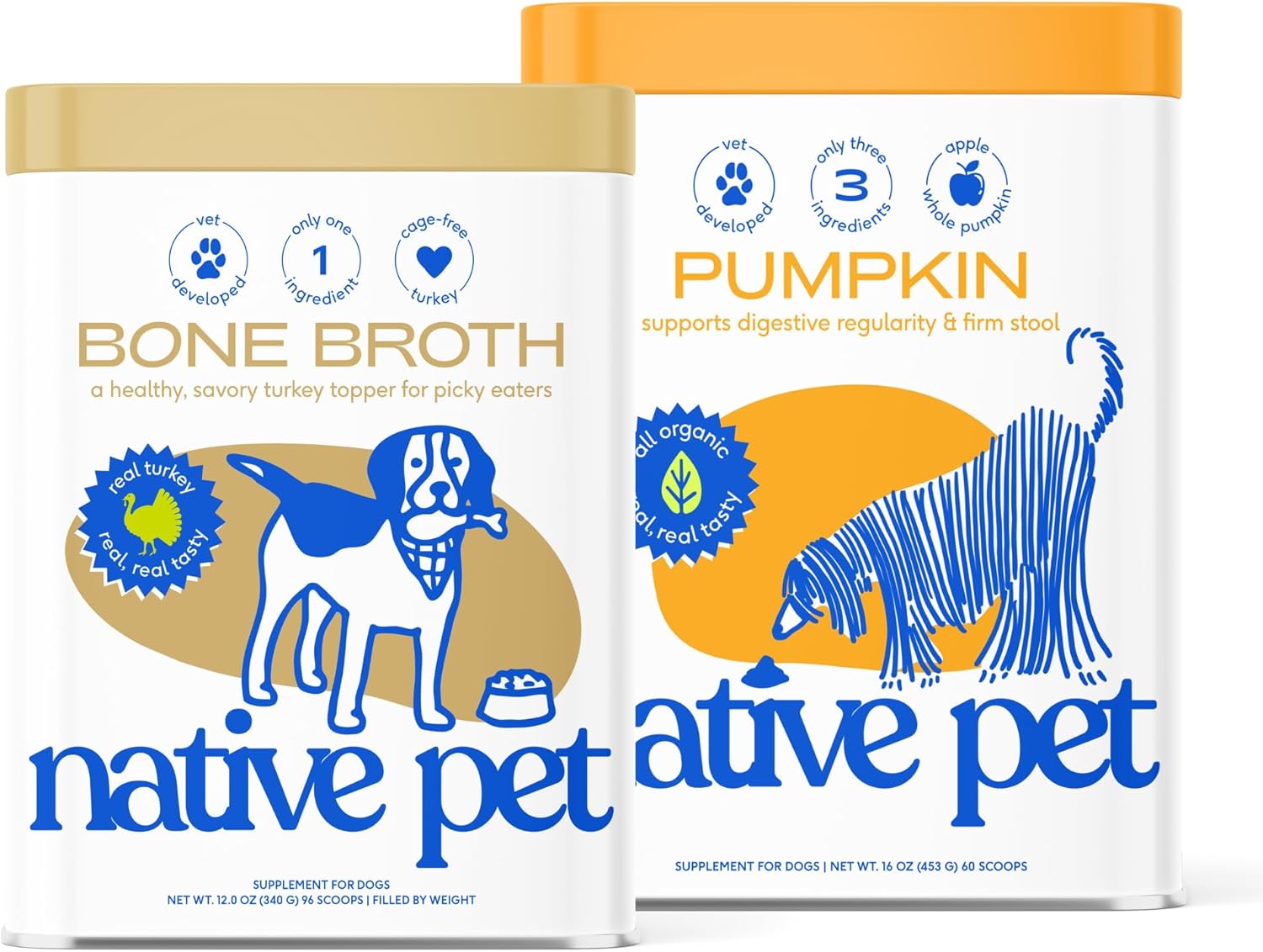 Native Pet Digestion & Recovery Pack: Turkey Bone Broth Powder for Dogs (96 Servings) & Pumpkin for Dogs (60 Scoops) - All-Natural, Organic Pumpkin Fiber Helps with Digestion - Pet Food Toppers