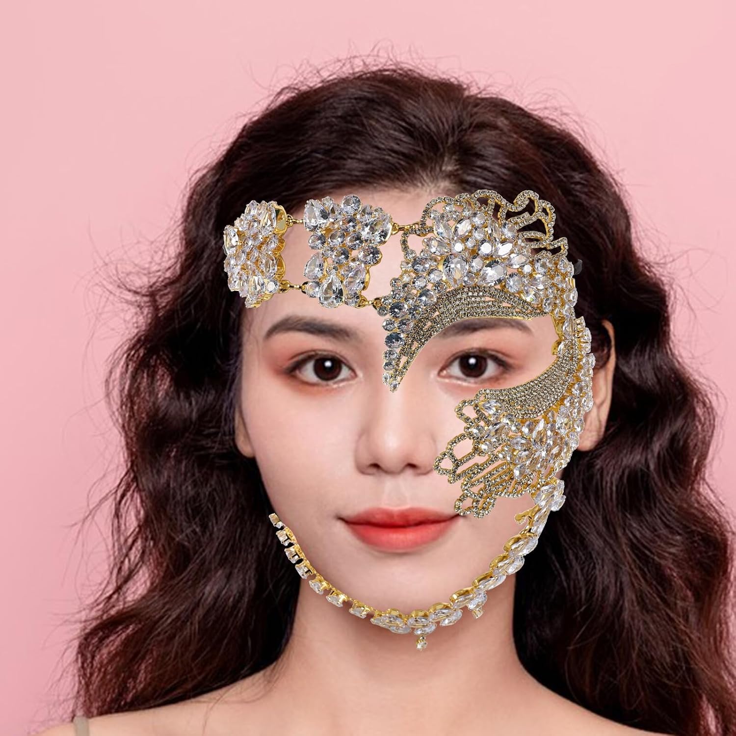 Tofficu Rhinestone for Women Venetian Fancy Half Face Mask with Elastic Band Gold Costume Party Mardi Gras Ball Accessory