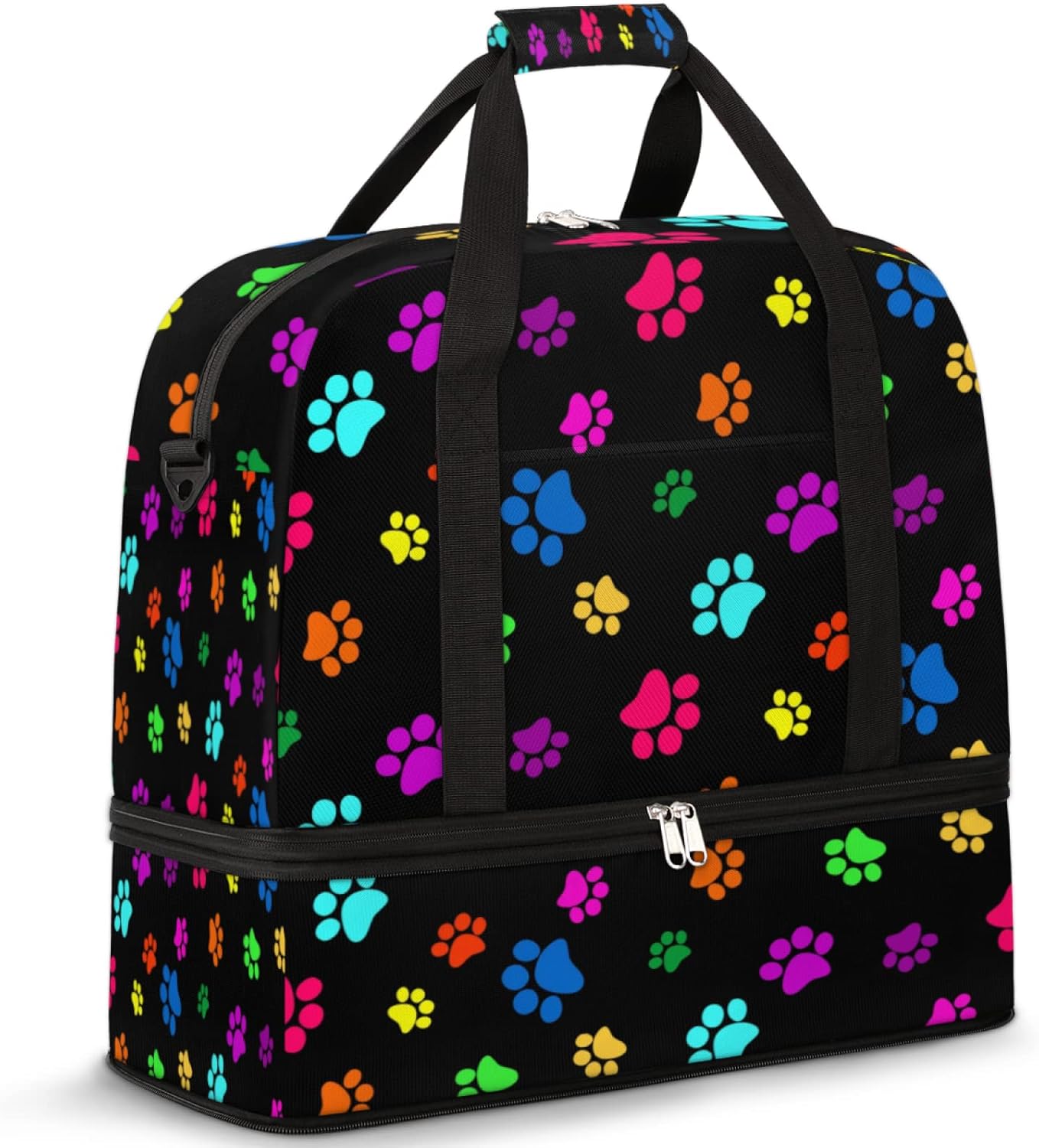 Colorful Dog Paw Print Foldable Travel Duffel Bag Tote, Dog Cat Paw Print Lightweight Luggage Sports Gym Bag with Shoes Compartment Weekender Overnight Bag for Women & Men