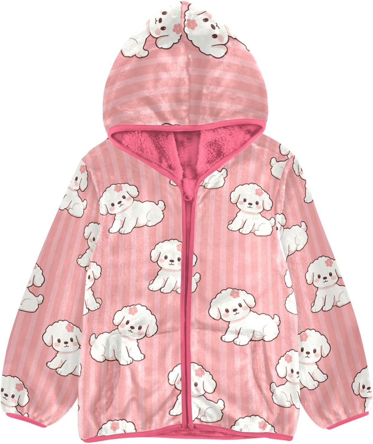 Girls Hoodie Outfit Puppy Little Red Flower Pink Stripes Pattern Zipper Sweatshirt Coat Fleece Jacket for Kids 3-10T