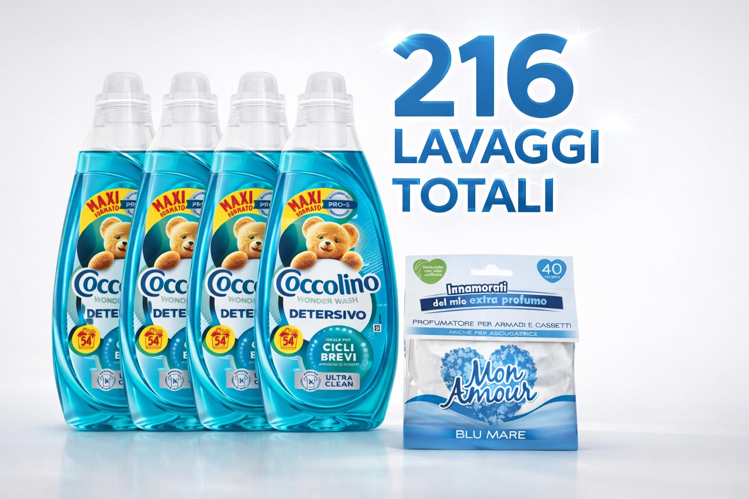 Coccolino Wonder Wash Ultra Clean 4 x 54 Lavaggi (216 Totali) – Detersivo Liquido Lavatrice 2160 ml x4 – Ideale per Cicli Brevi – Maxi Scorta Convenienza + Profumatore Mon Amour in Omaggio